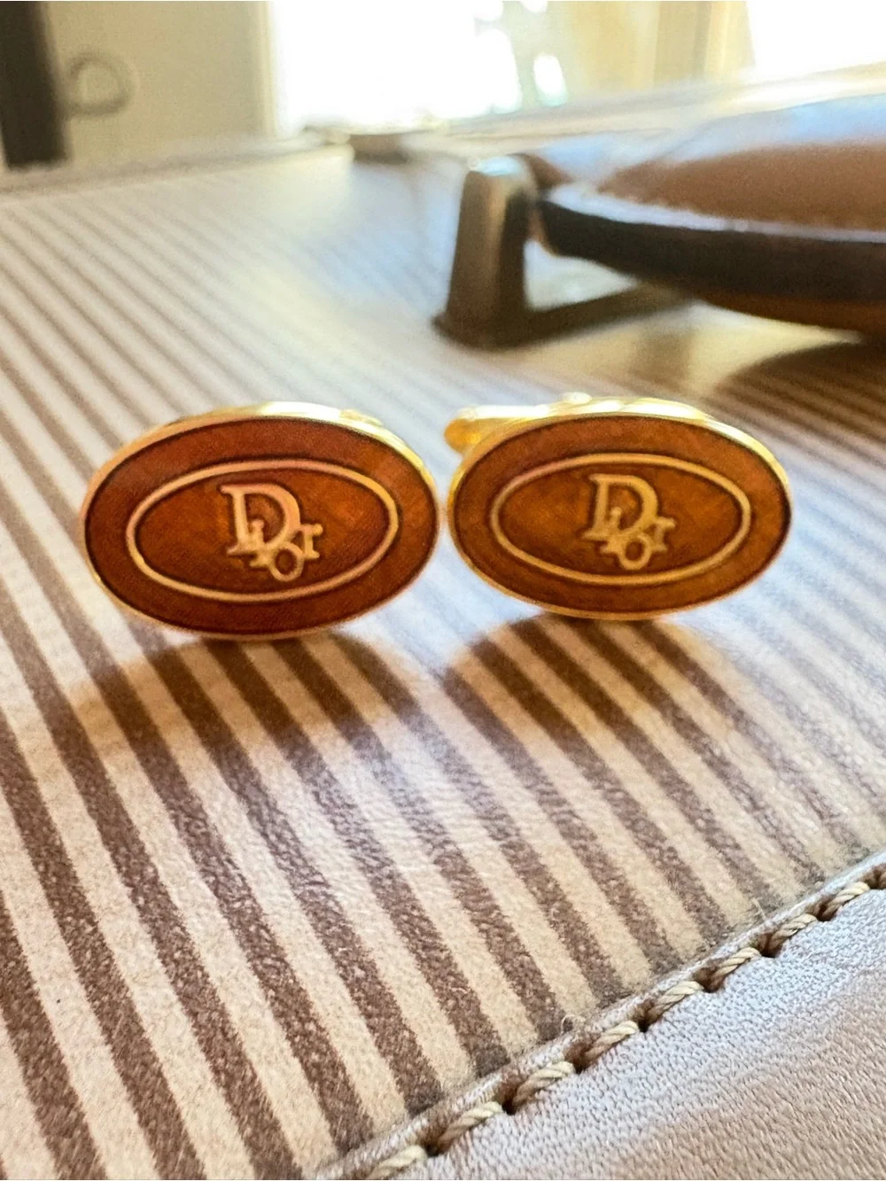 Dior Brown and Gold Oval Logo Cufflinks